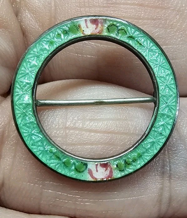 Vintage Sterling Silver Guilloché Enamel Green Floral Circle Brooch L Mark