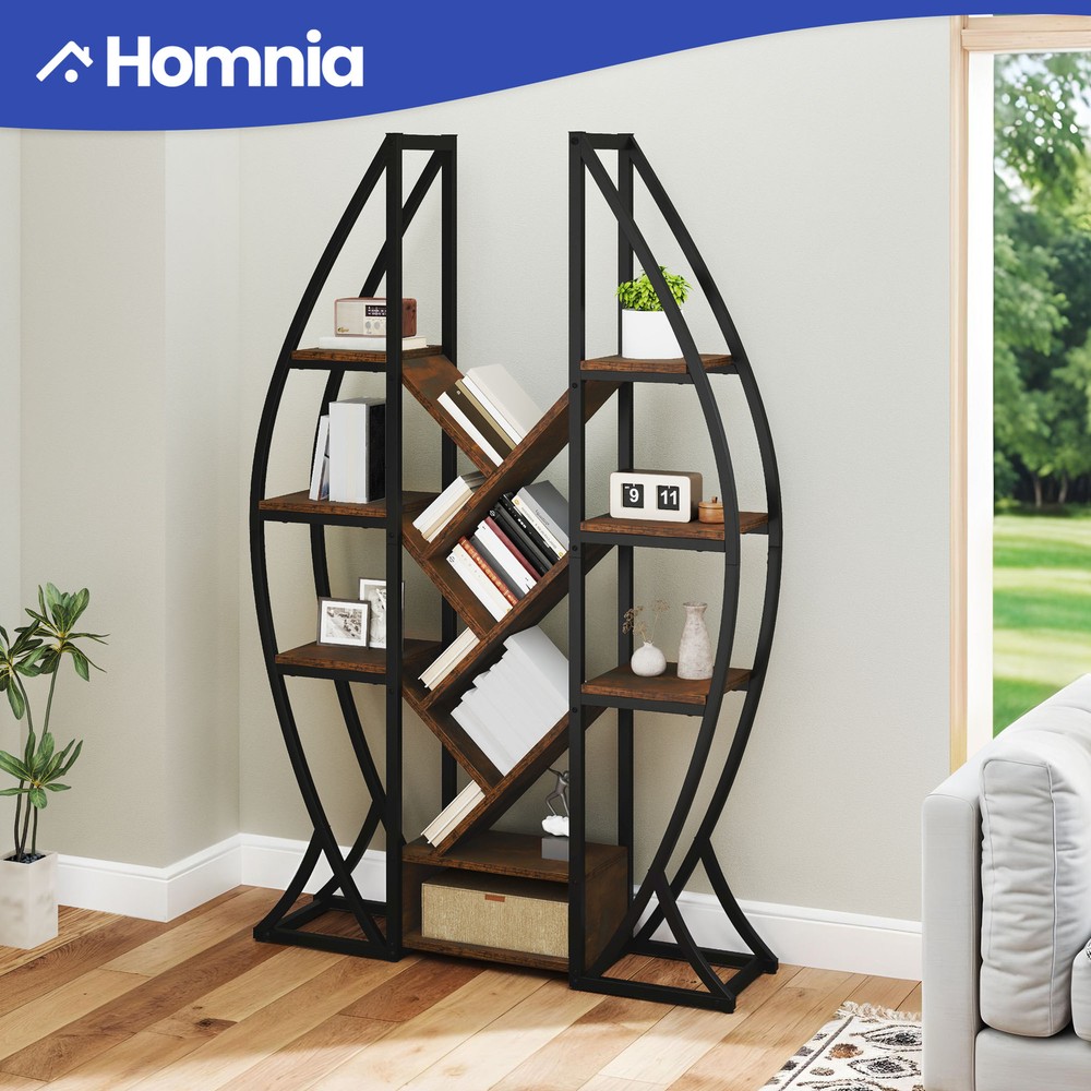 5-Tier Rustic Brown Wooden Oval Bookshelf for Home Display