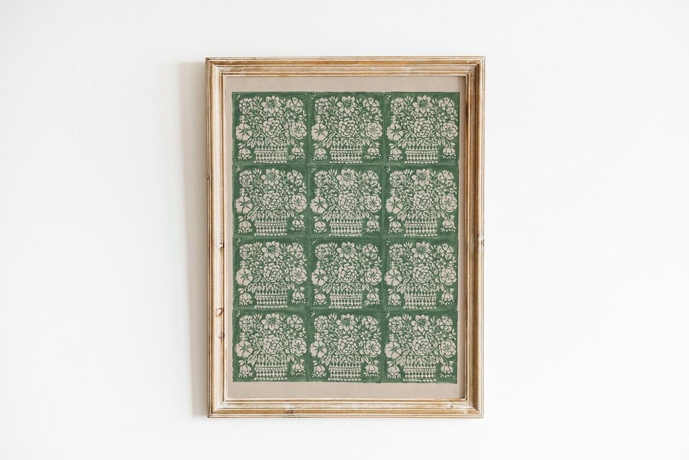 Cottagecore Decor Blockprint Botanical Art Vintage Floral Sage Green Wall Art