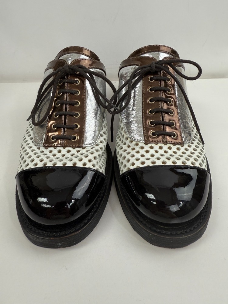 CHANEL Black Patent Cap Toe Mules Flats Silver White Bronze Leather Slip On 36/6