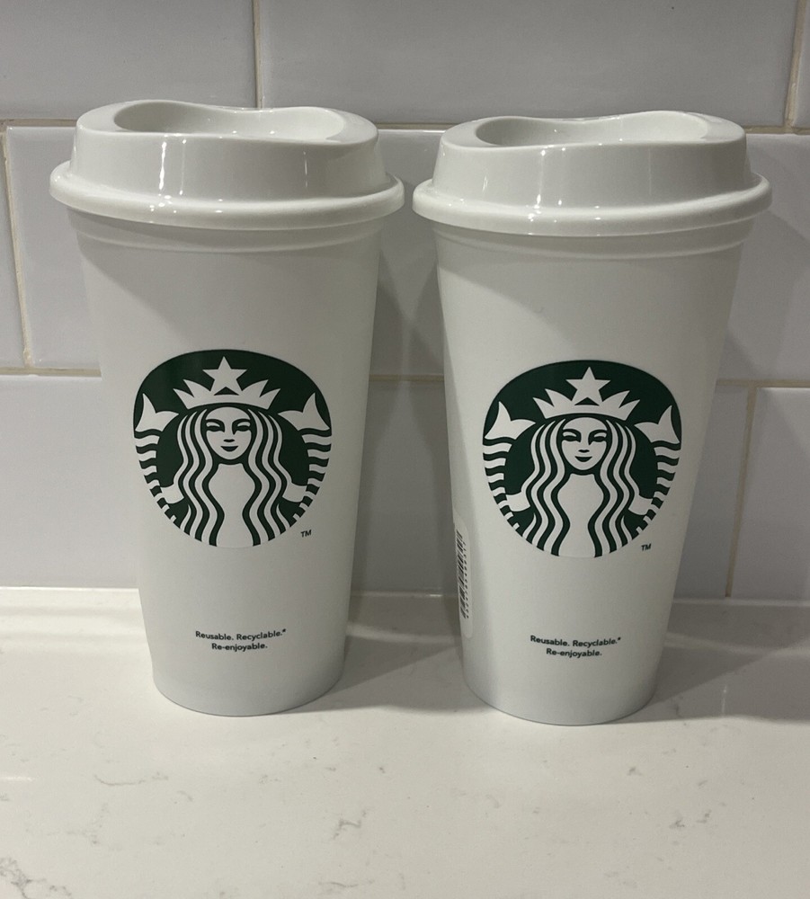 New Starbucks 16oz Reusable Cup & Lid Classic White Design Set of 2