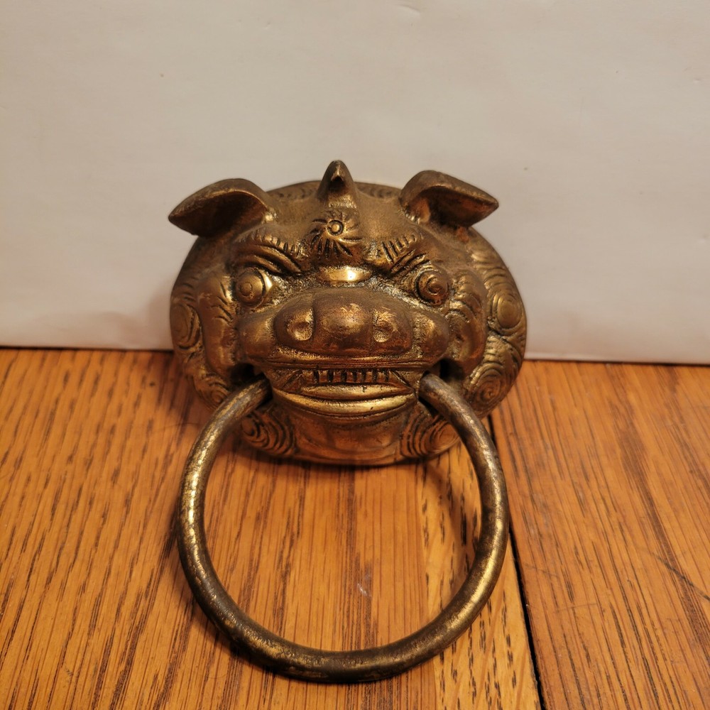 Vintage Brass Fengshui Lion Foo Dog Guardian Head Door Knocker