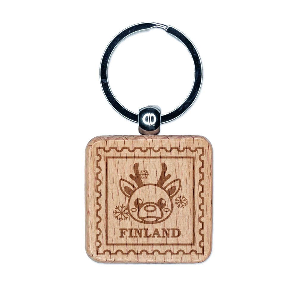 Finland Travel Reindeer Engraved Wood Square Keychain Tag Charm