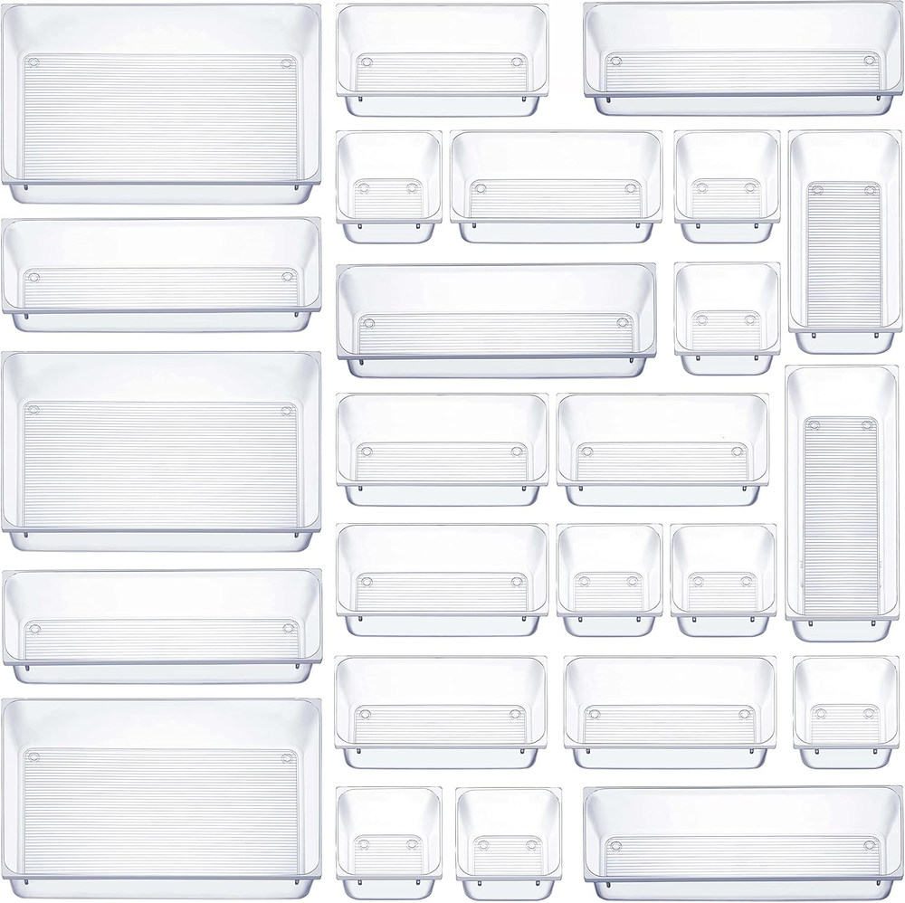 25-Piece Clear Plastic Drawer Organizer Set in 4 Sizes for Bathroom & Vanity Storage