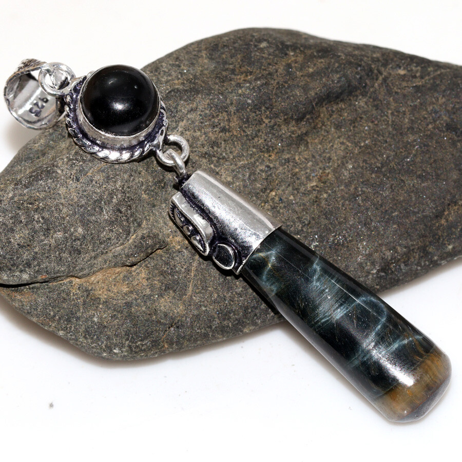 Black Tiger Eye Onyx Statement Pendant 2.5 Inches Jewelry
