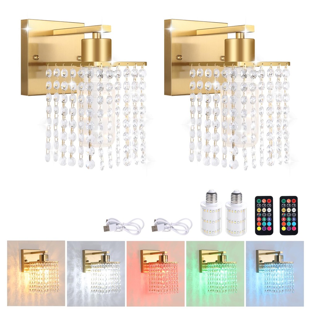 Crystal Battery Operated Wall Sconce Set of 2, Rechargeable Battery Powered W...