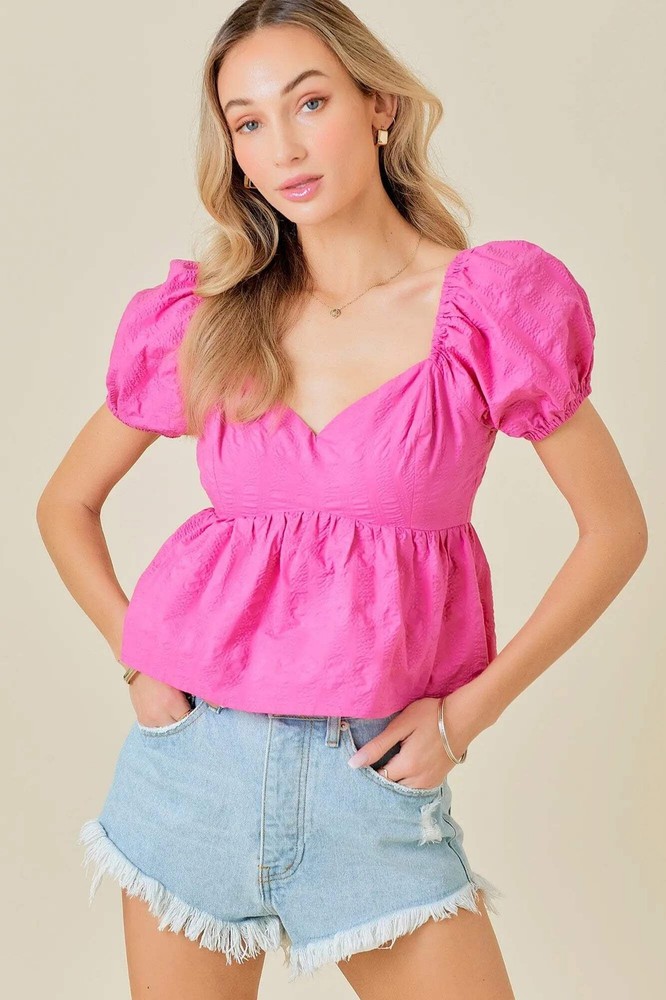 Day & Moon Puff Sleeve Sweetheart Neckline Babydoll Crop Top