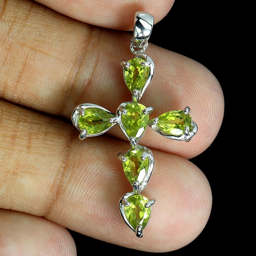 925 Sterling Silver Pendant Pear Peridot 6x4mm Cross Natural Gemstone Jewelry