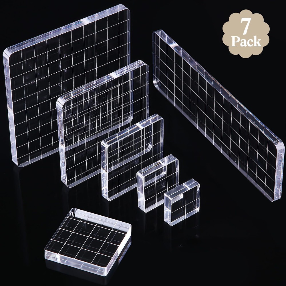 Mudder 7 Pieces Acrylic Stamp Blocks Set Clear Stamping Blocks Tools with Gri...