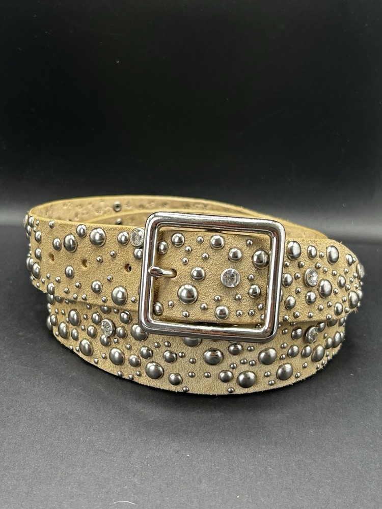 Y2K Express Silver Studded Cream Suede Belt Large 45.5” Western Rodeo