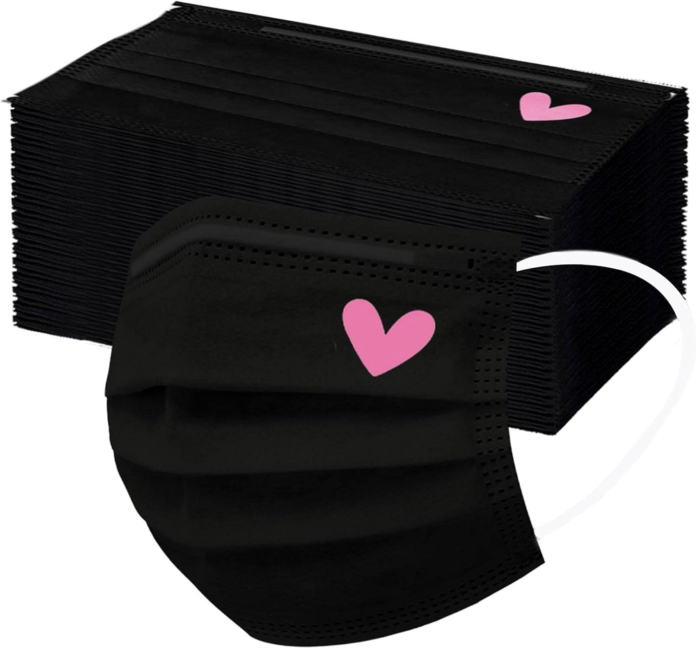 YOMEESOUL 50Pcs Heart Print Disposable Face Masks in Pink and Black Designs