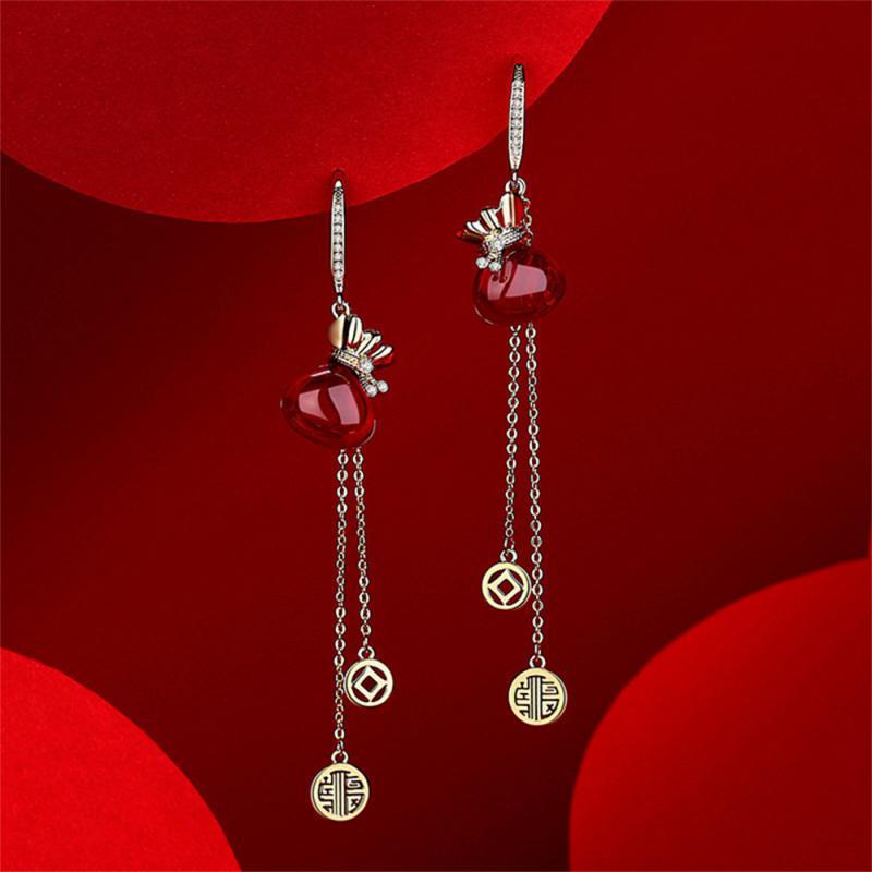 New Year Red Earrings For Women Chinese Style Festive Good Luck Metal Tassel Pen-image