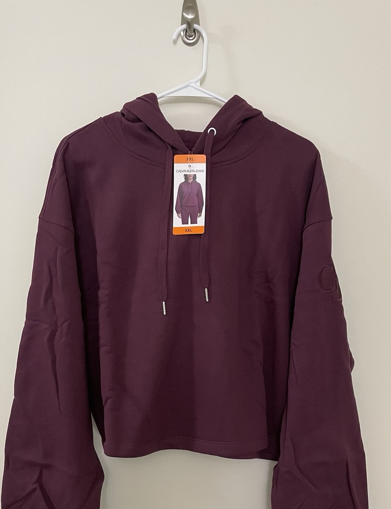 Calvin Klein Jeans Ladies' Cropped Hoodie Sweatshirt Burgundy Women’s XXL