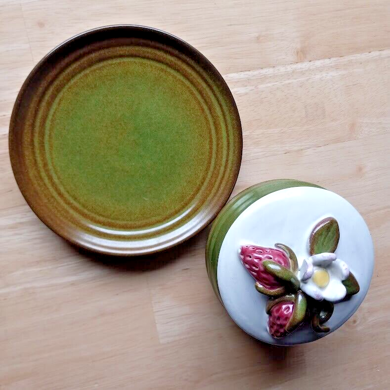 Rackliffe Blue Hill Maine Pottery Vintage 1980s Strawberry Jam Bowl with Lid and Plate