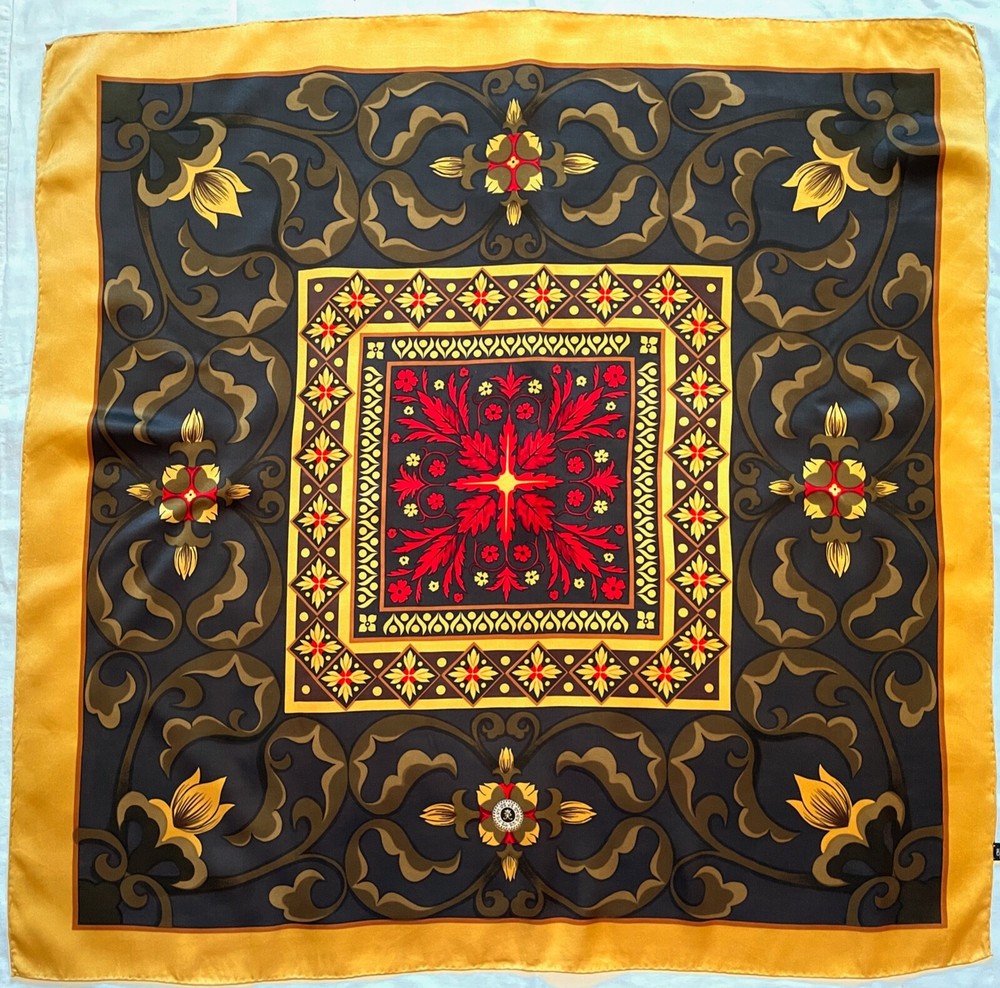 Vintage ARTS & CRAFTS Red Brown Beige RETRO MOD Floral Satin Silk Scarf