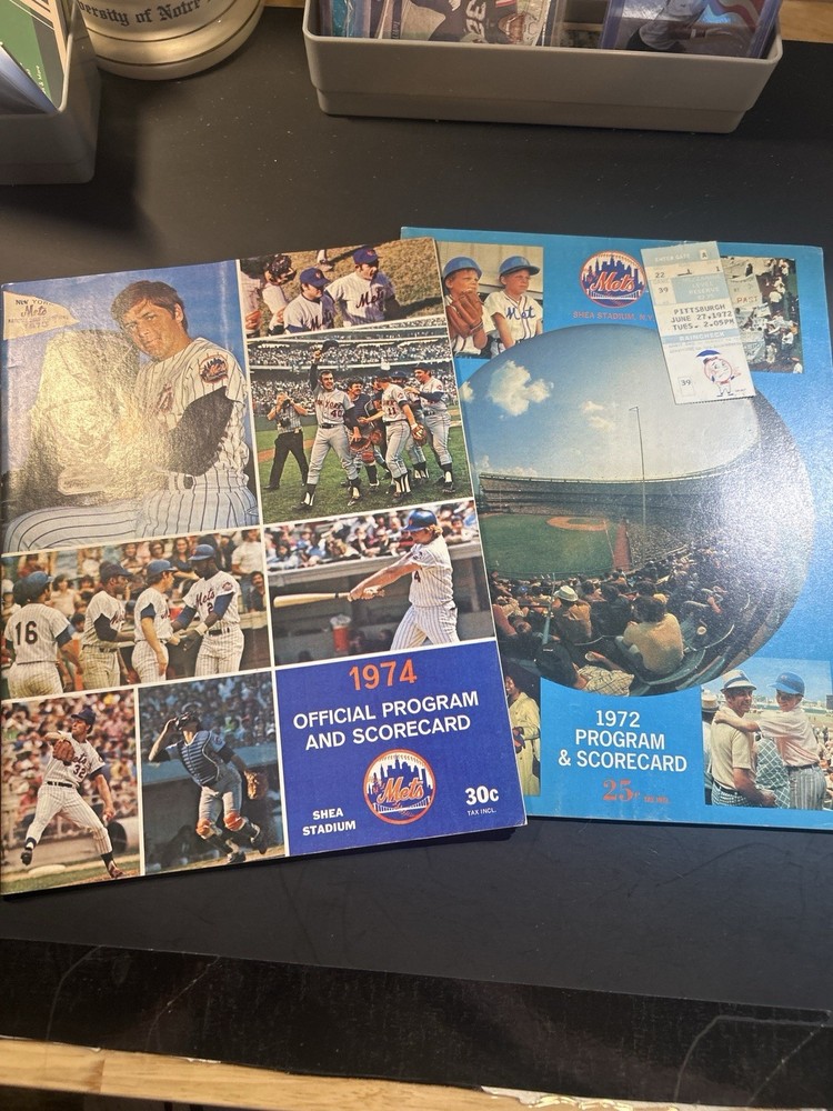 2- Lot 1972 & 74 New York Mets Official Game Programs W/ Ticket Stubs Shea Stad