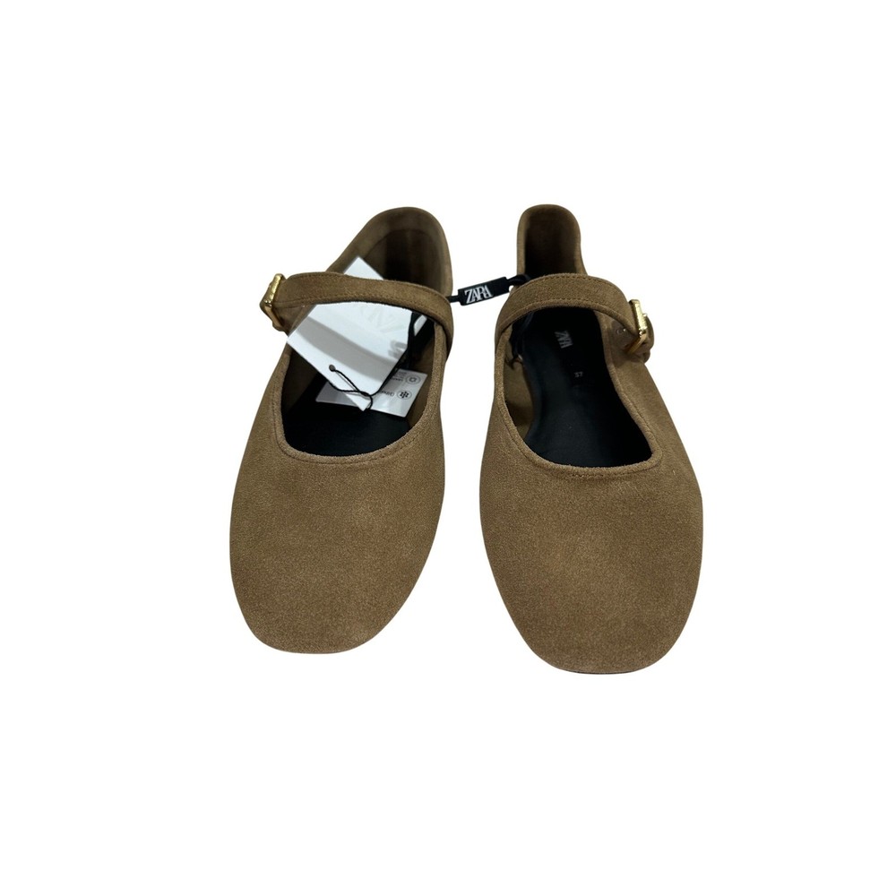 Zara Women's Ballet Flats Tan  100% Cow Leather Gold Buckle Mary Jane Size 37