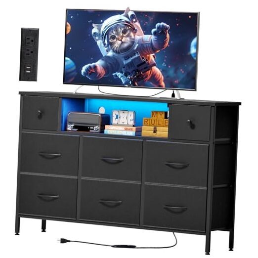 55 Inch Black Dresser TV Stand with Power Outlets and LED Lights for Bedroom