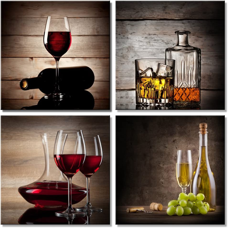 Modern Abstract Red Wine Kitchen Wall Art Dinning Room Decor 4 Panels