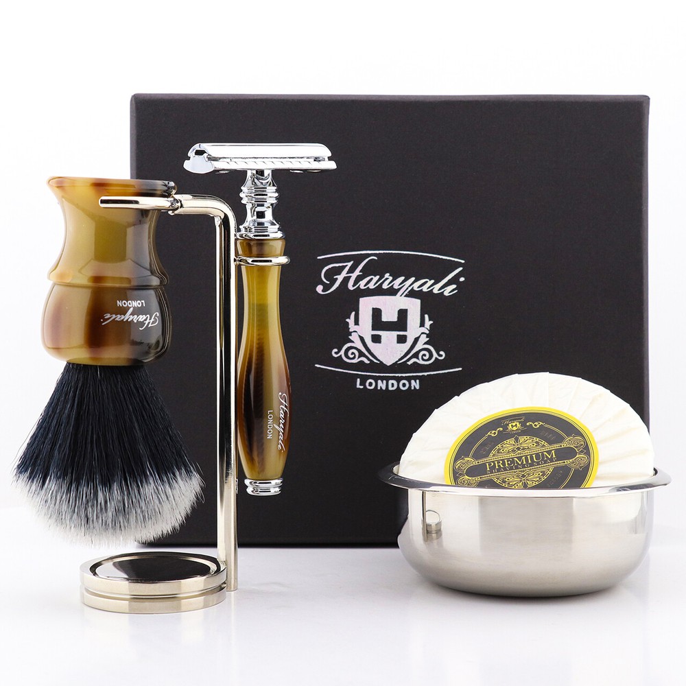 Shaving Set-Synthetic Black shaving Brush DE Safety Razor in Caramel Gleam Color