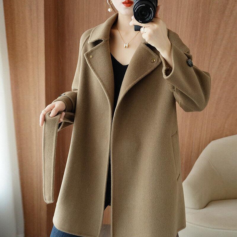 Women Winter Autumn Chic Lapel Mid Long Double Faced Loose Belt Windbreaker Coat