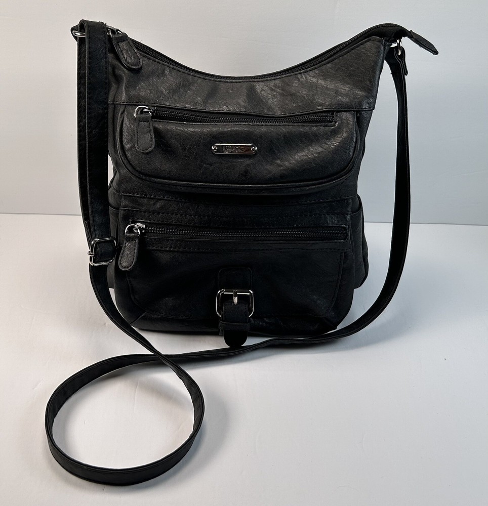 Multi Sac Crossbody Bag Purse Black Textured Vinyl Medium Size Lots Of Pockets