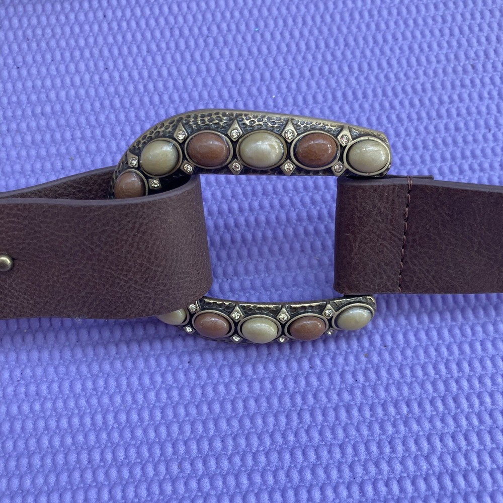 Chicos adjustable brown belt with brass buckle and tan brown stones size M/L 39 inches