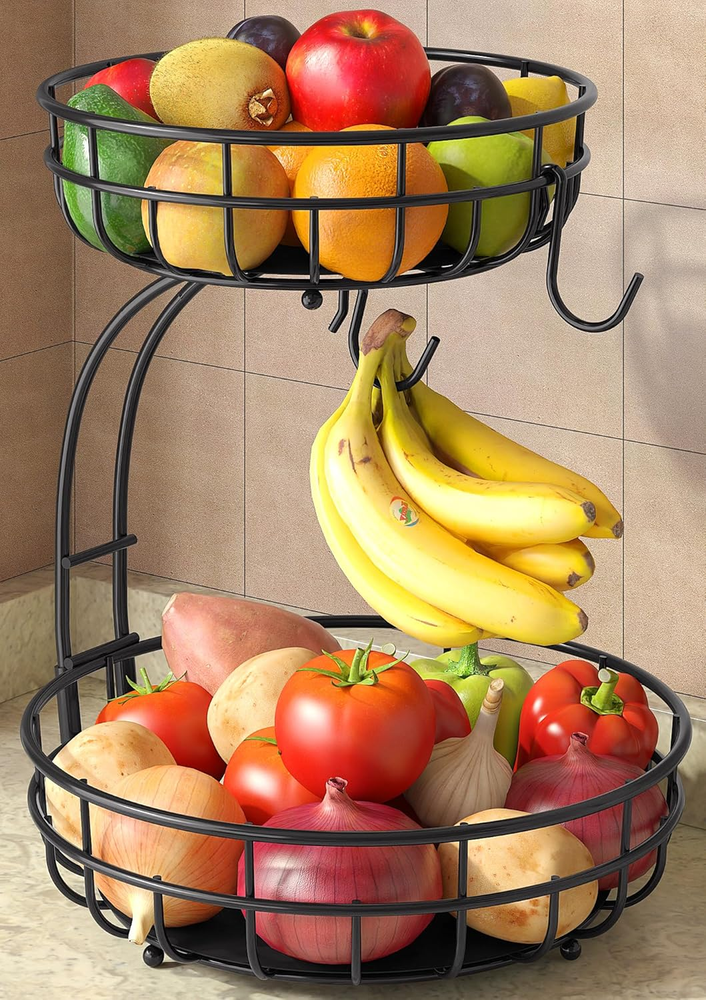 2 Tier Large Fruit Basket for Kitchen Counter with Removable Banana Hanger - Stu
