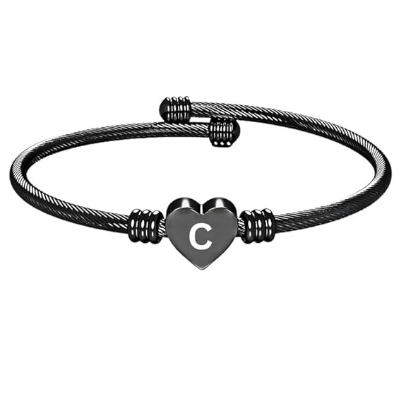 Stainless Steel Heart Word-C Bracelet Engraved Charm Bracelet for Women Black