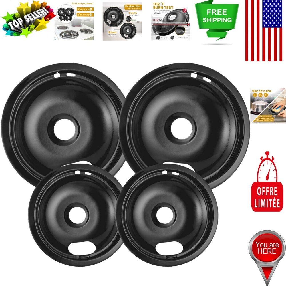 Compact & Easy-Clean Drip Pan Set - 4 Black Burner Pans for Electric Stoves