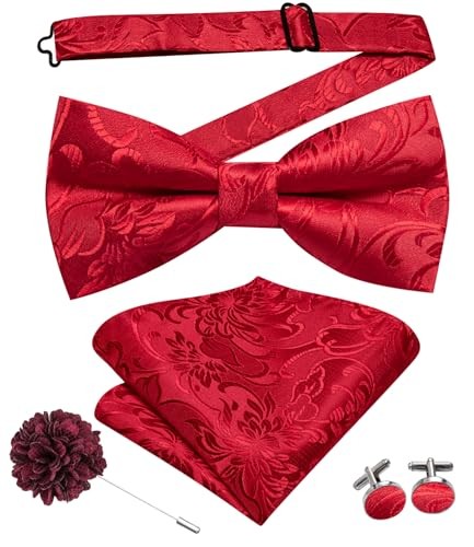 Bow Ties for Men Pre-Tied Pocket Square Lapel Pin Cufflinks Mens Red Floral