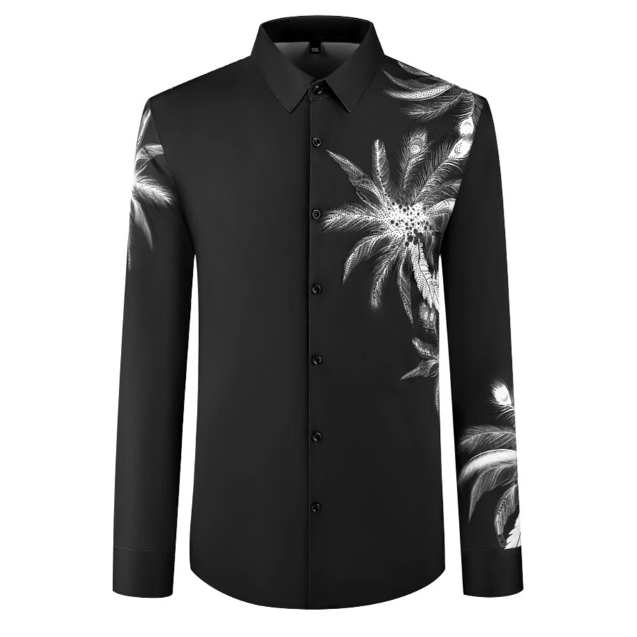 Men Luxury Flower Trend Rhinestone Slim Fit Dress Shirt Long Sleeve Button-Down