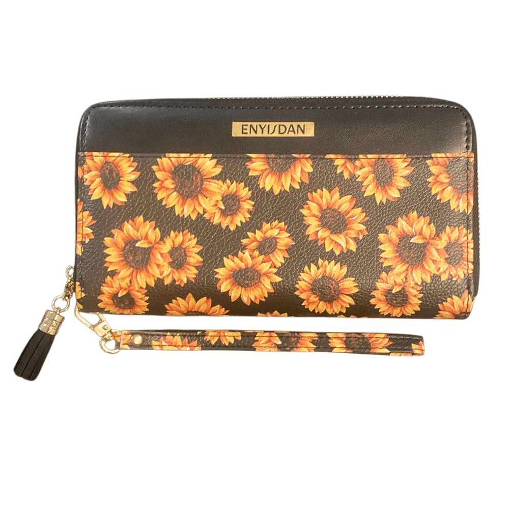 Sunflower Wallet Wristlet Black Orange Yellow 4.5”x8” Gold Hardware NEW