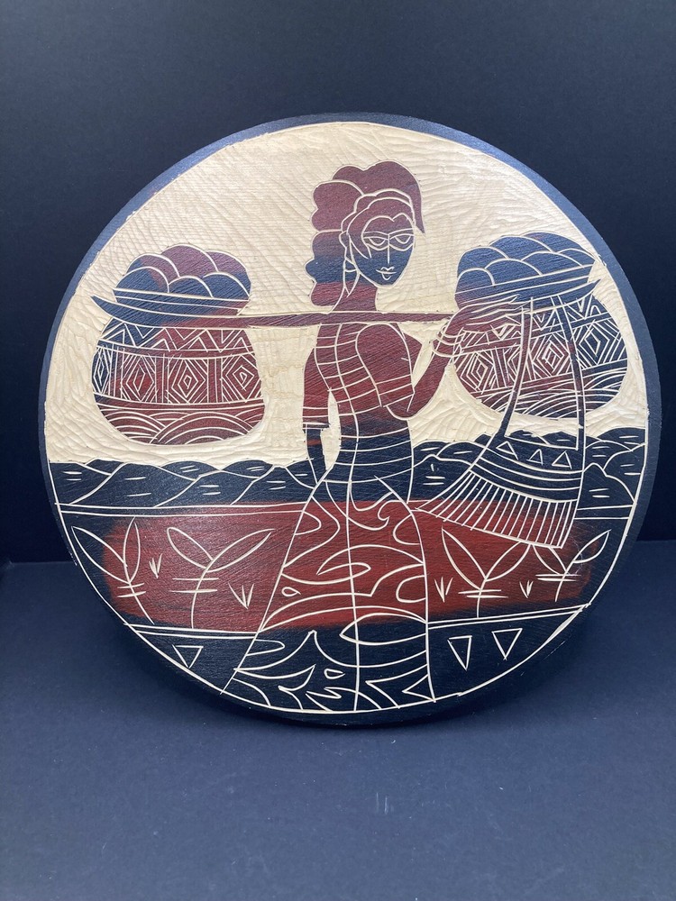 Chinese Tribal Artist  Wood Carving Art Painting  9.5” Diam.