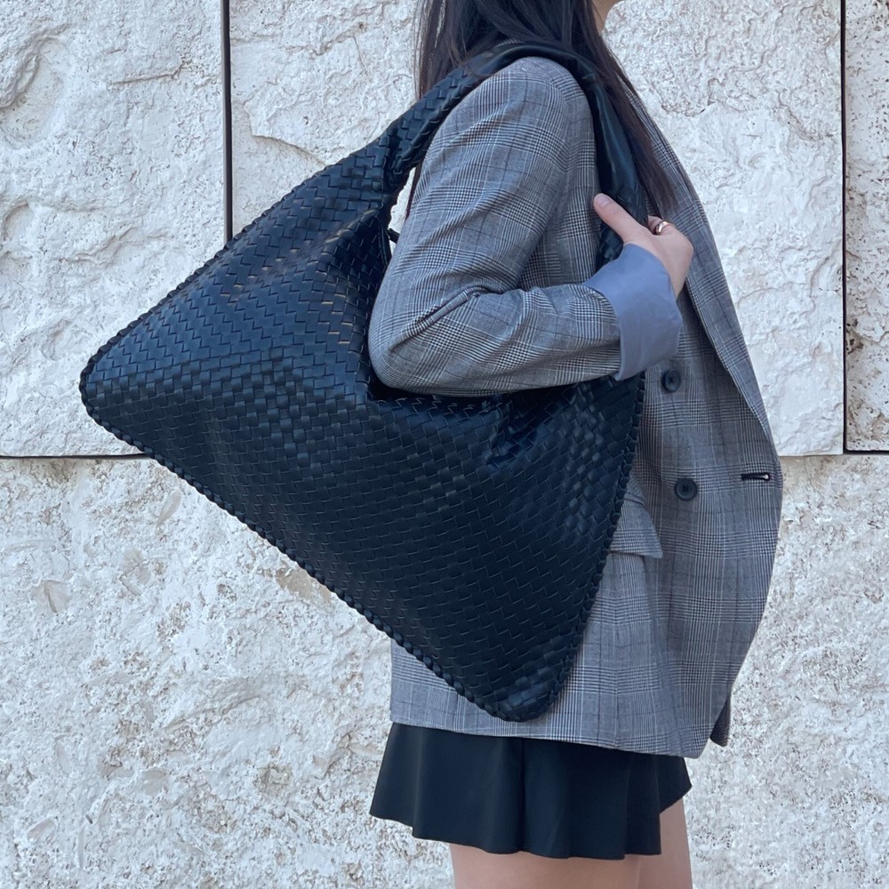 NWT Woven Vegan Leather Hobo Shoulder Bag, Braided Large Hobo Bag, BLACK