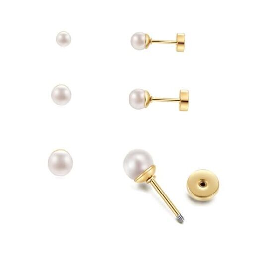 Dainty Flat Screw Back Pearl Stud Earrings for Multiple Piercings - 3 Pairs