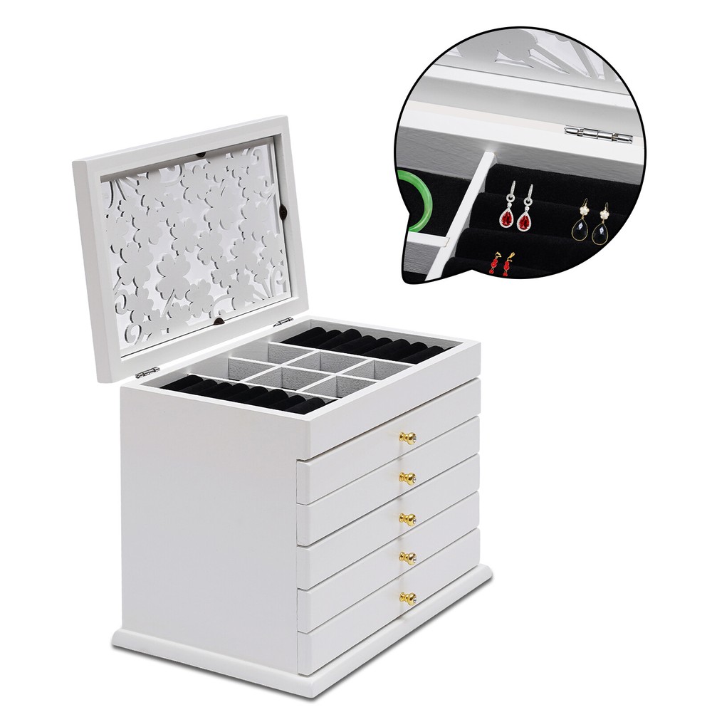 6 Layers Wooden Large Jewelry Box/Jewel Case Cabinet Storage Organizer White