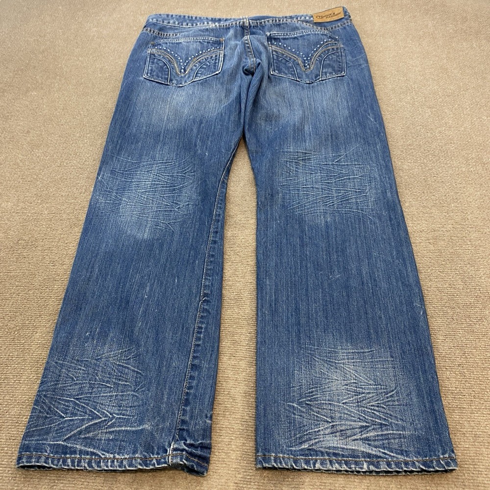 Men's Baggy Y2K Cloque & Dagger Jeans 40x34 Blue Distressed Whiskered Denim