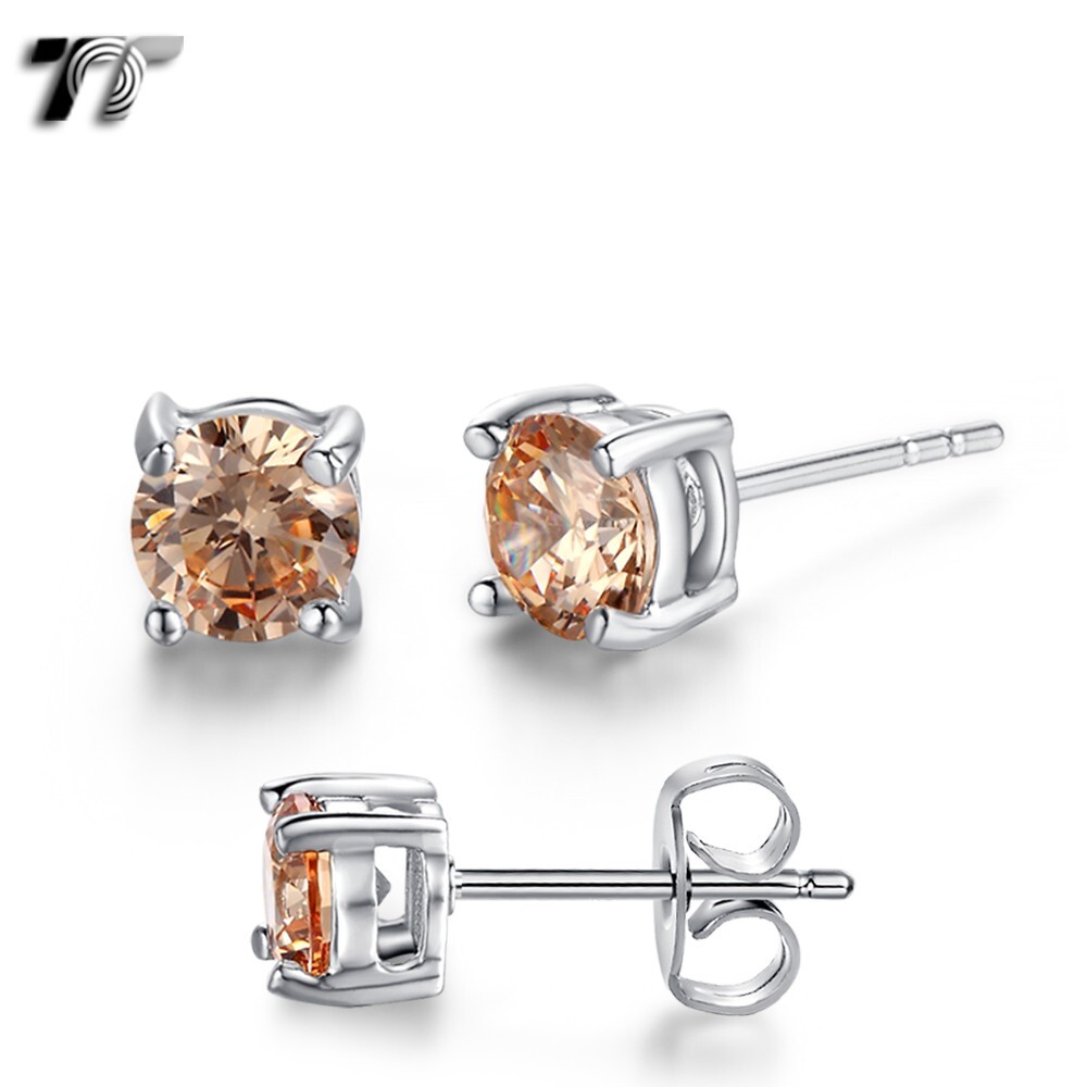TT 5mm 18K White Gold Plated Champagne CZ Round Stud Earrings (ER01P) NEW