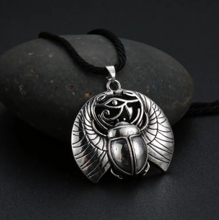 Ancient Silver Scarab Amulet Necklace - Egyptian Eye of Horus Pendant