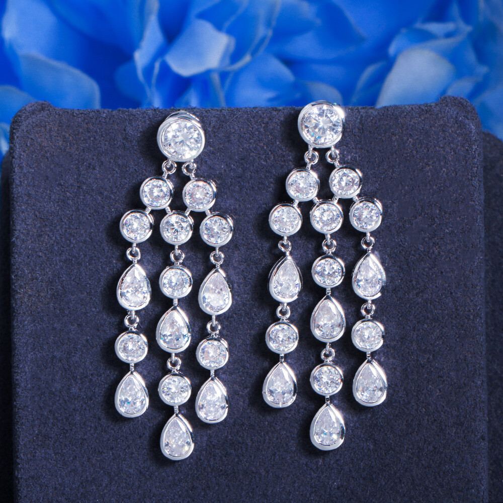 CZ Crystal Silver Plated Chandelier Drop Earrings with Long Dangle Tassels