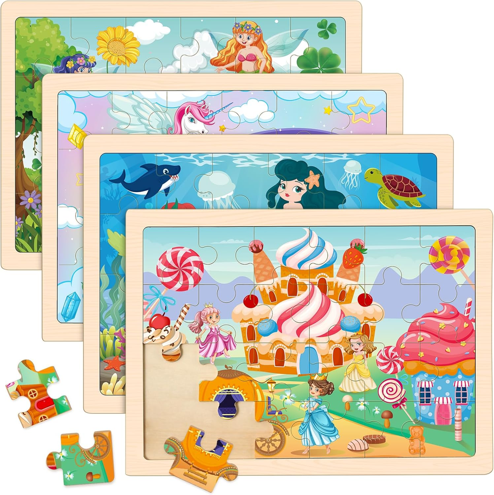 Princess Unicorn Mermaid Fairy Puzzles for Kids Ages 4-6, 4 Packs Wooden Jigsaw
