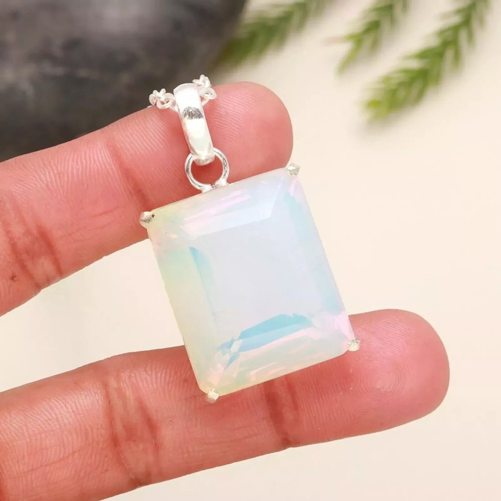 92.90 Ct Certified Natural Emerald Cut Opal Pendant in 925 Solid Silver
