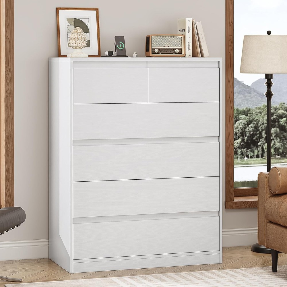 6 Drawer Dresser for Bedroom, Modern Chest of Drawers with Charging Station
