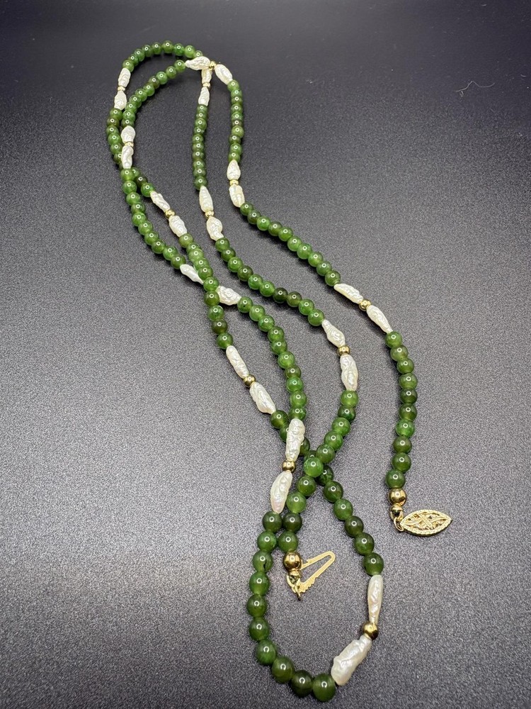 14k Vintage Boroque Pearl and Mossy Jade Necklace