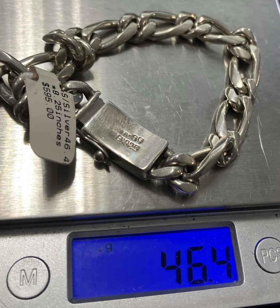 925 Sterling Silver Solid Figaro Bracelet Mexico 46.4 grams 8.25 inches