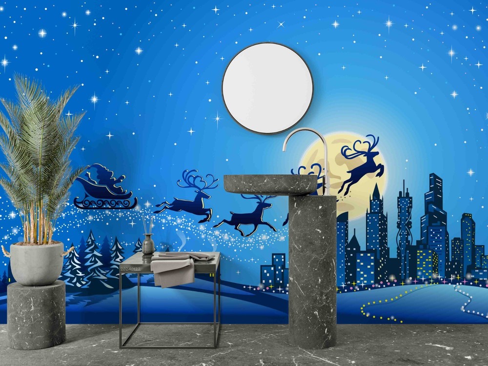 3D Christmas City Elk Blue Night Wall Mural Sticker for Holiday Decor