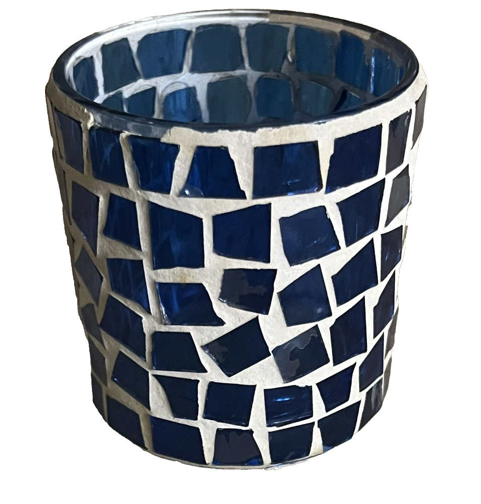 Vintage Blue Mosaic Glass Tealight Holder 3x3 Mini Candle Votive