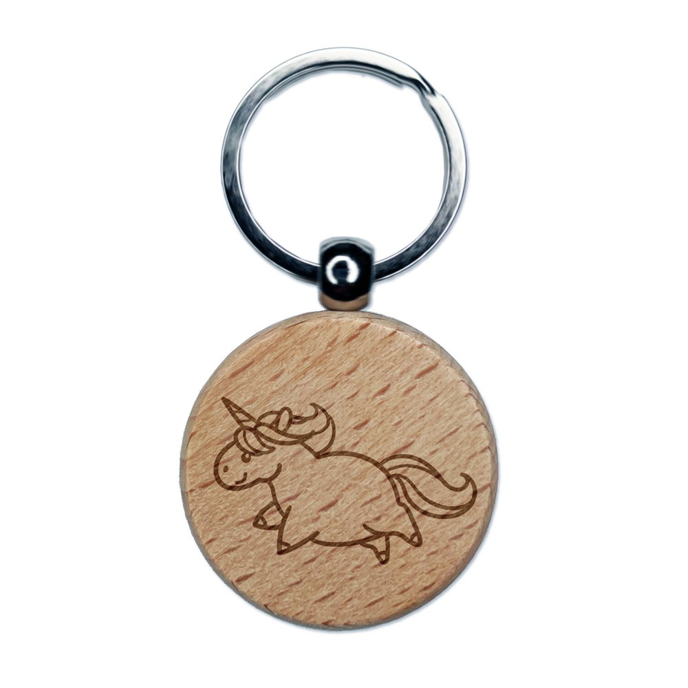 Chubby Unicorn Running Engraved Wood Round Keychain Tag Charm