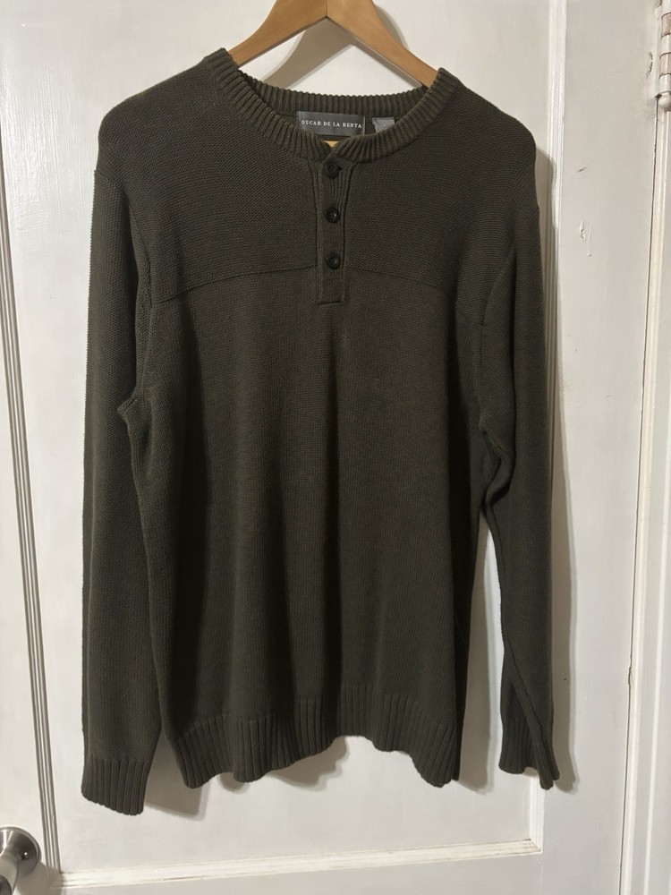 Oscar de la Renta 100% Cotton Men's long-sleeve, Green henley Sweater Size L